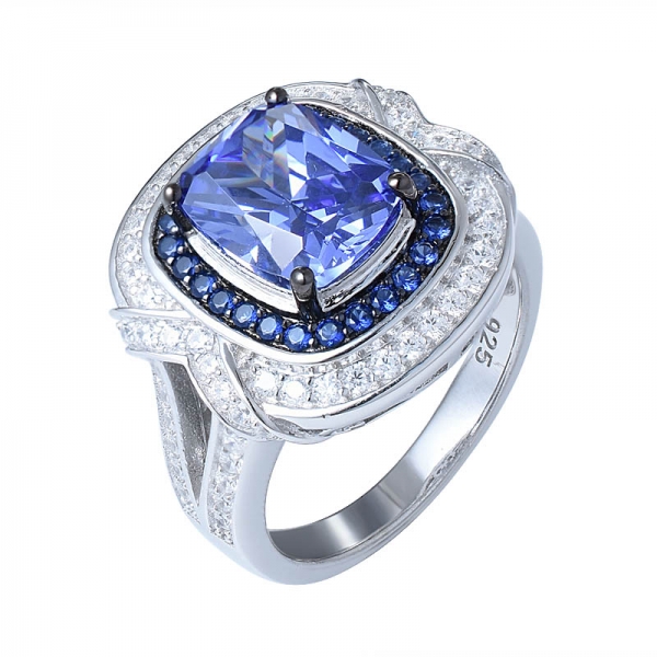 wholesale 925 Sterling Silver Tanzanite Cushion and Diamond Halo Silver Ring 