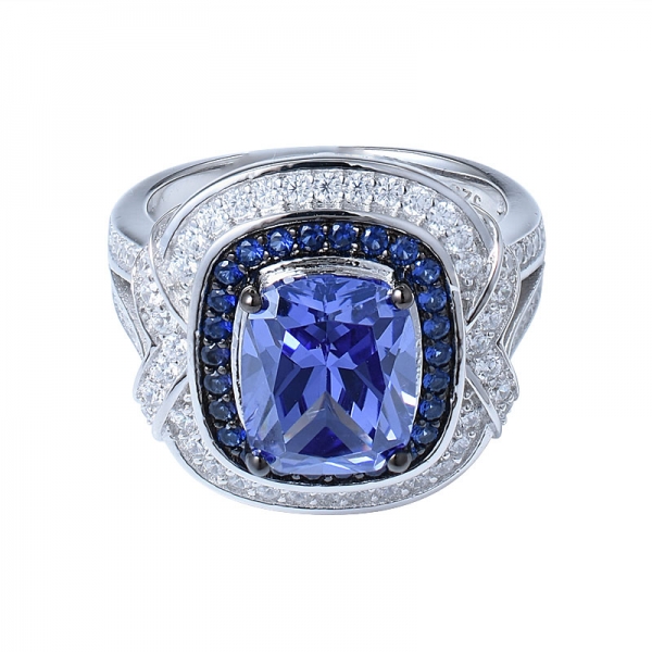 wholesale 925 Sterling Silver Tanzanite Cushion and Diamond Halo Silver Ring 