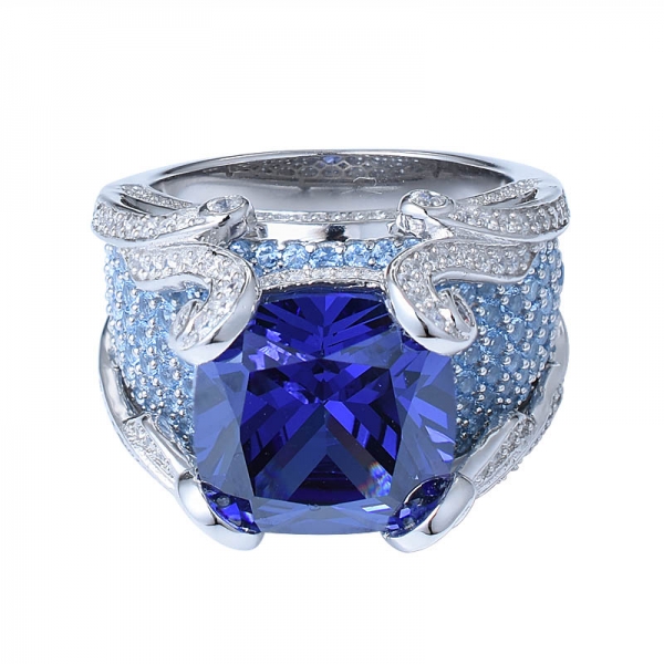 Appealing Pretty White Gold Plated Silver Flower Cushion Blue Tanzanite Diamonds Women Wedding Ring 