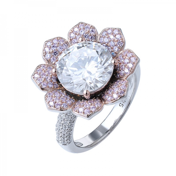 New design flower style 10.0mm Round center white cz diamond engagement ring 