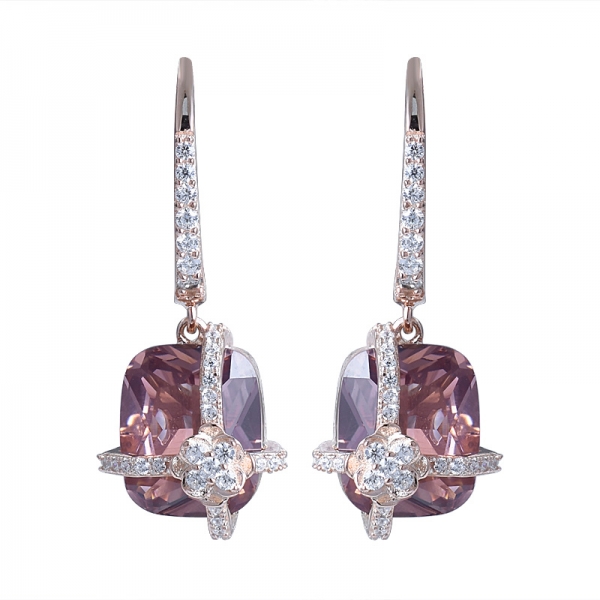 Princess Cut Morganite Main stone Silver Earrings for Woen Classic Silver set jewelry 