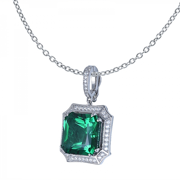 Genuine 925 Sterling Silver Princess Cutting Synthetic Emerald Stone Pendant Necklace jewelry 