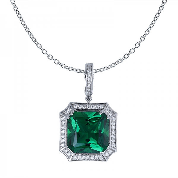 Genuine 925 Sterling Silver Princess Cutting Synthetic Emerald Stone Pendant Necklace jewelry 