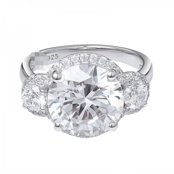 Sterling Silver 925 3 Stone 5ct Round CZ Pave Halo Cocktail Ring 