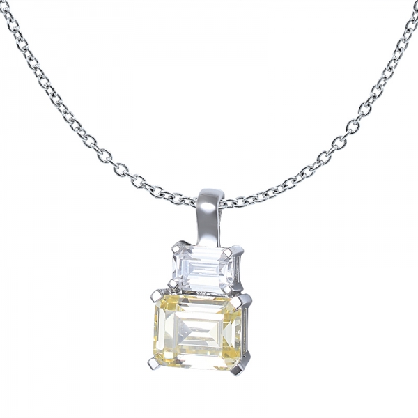 925 Sterling Silver Cubic Zirconia Diamond Yellow CZ Emerald Cut 2-Stone Pendant 