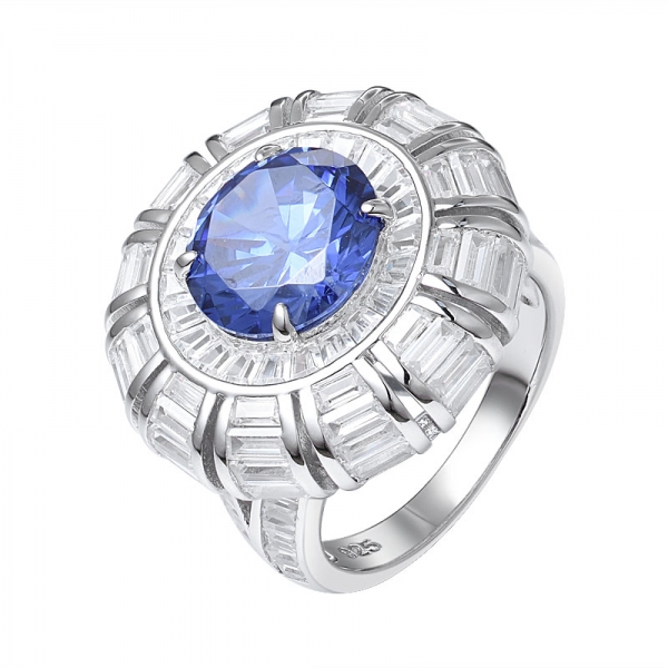 Created Royal Blue Tanzanite & Baguette cut Diamond Ring In 18KT White Gold 