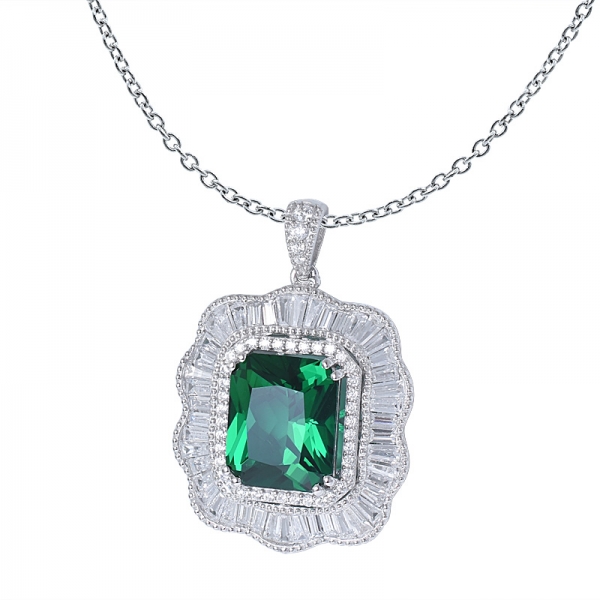 8Ct Green Synthetic Emerald Rectangle-Shape Sterling Silver Pendant Necklace 