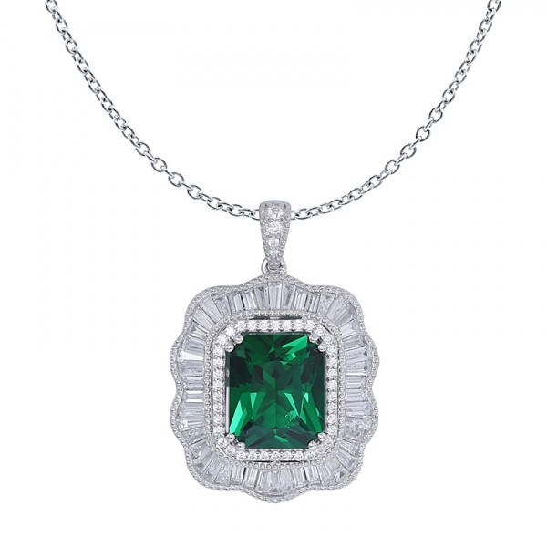 8Ct Green Synthetic Emerald Rectangle-Shape Sterling Silver Pendant Necklace 