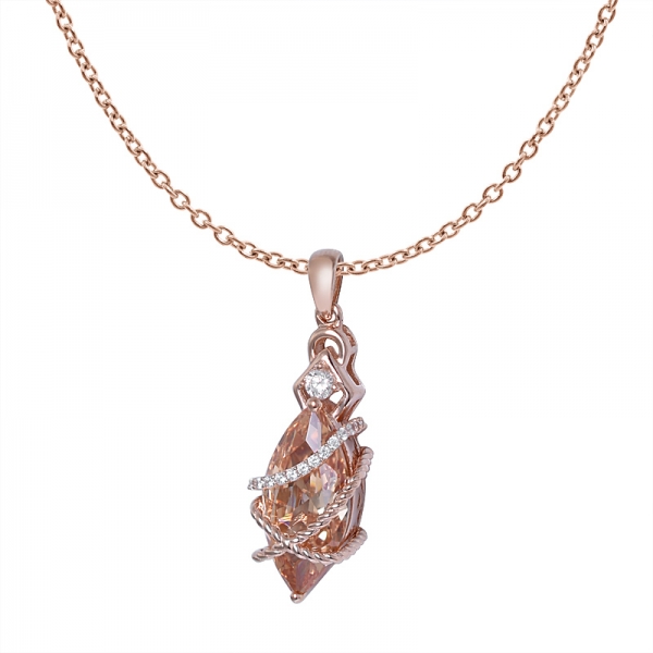 2-tone Plated Sterling Silver Marquise Cut Champagne CZ Engagement Split Shank Pendant Set 