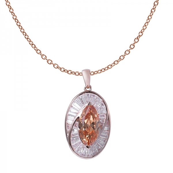 Marquise Cut Champagne CZ Rose gold Pendant necklace Set jewelry 