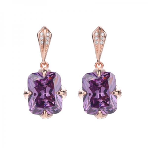 925 Simple Amethyst Cubic Zirconia Rose Gold Plating Over Sterling Silver Earrings 