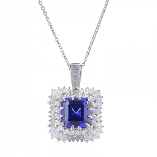 Asscher Cut Tanzanite Cubic Zirconia Rhodium Plating Over Sterling Silver 