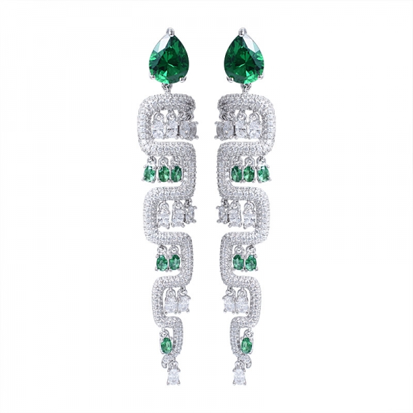 2 Carat Created Green Emerald Rhodium Over Long Drop Dangle earring 
