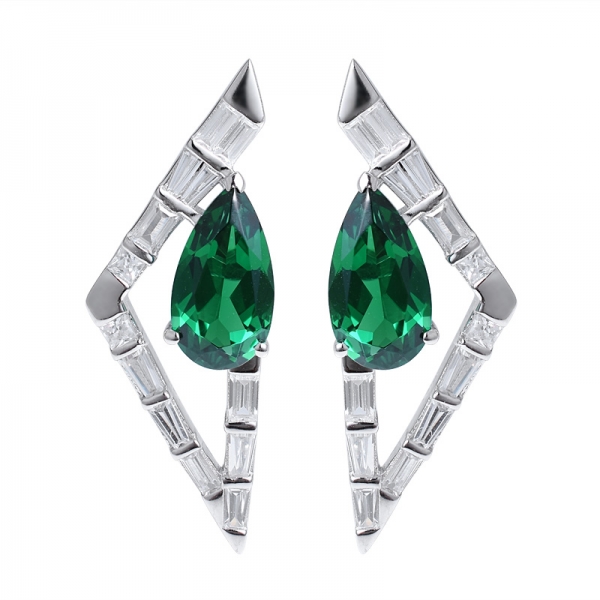 Pear Cutting Simulate Green Emerald rhodium over triangle shape stud earring 