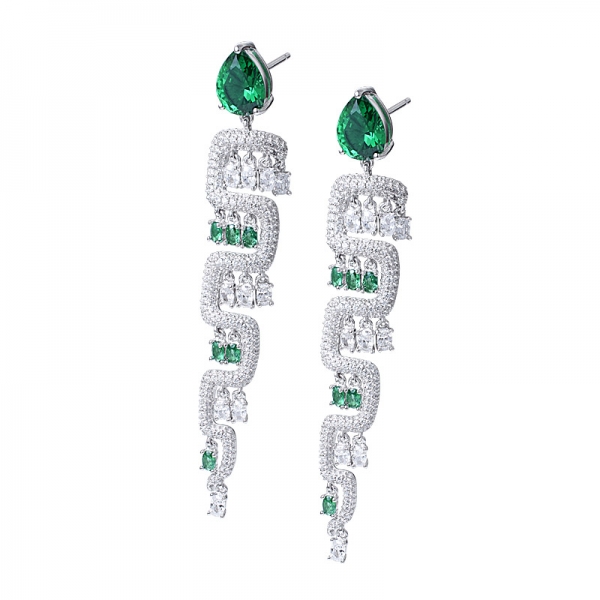 2 Carat Created Green Emerald Rhodium Over Long Drop Dangle earring 