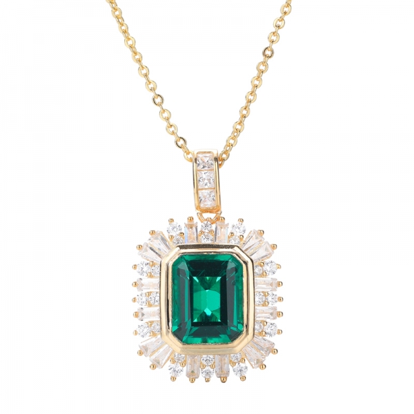 Lab Created Emerald And White Baguette CZ Yellow Gold Over Sterling Silver Pendant 