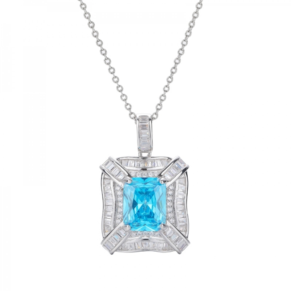 925 Classic Pendant With Aqua Cubic Zirconia And White Baguette CZ Rhodium Over Sterling Silver 