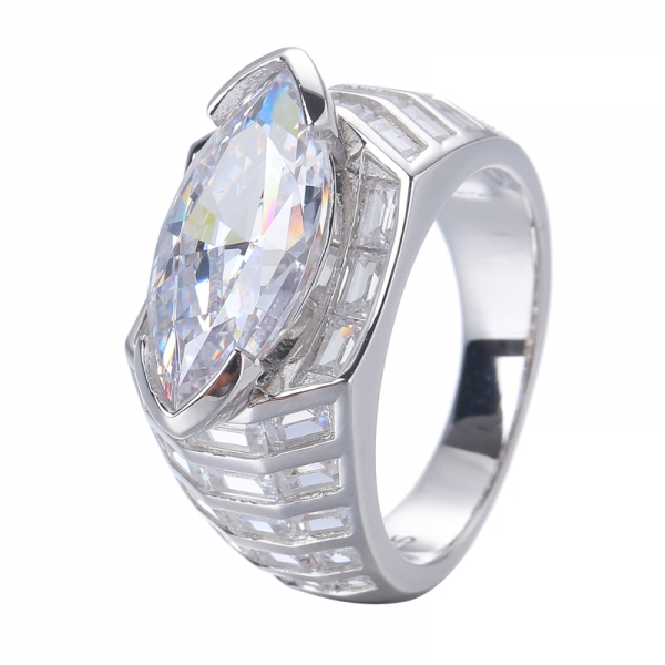 Fancy Marquise Shape Lavender And White Baguette CZ Rhodium Over Sterling Silver Ring 