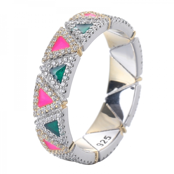 Triangle Pink And Green Enamel Yellow Gold And Rhodium Over Sterling Silver Ring 