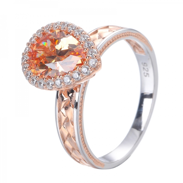 Pear Champagne Cubic Zirconia Center Rose Gold And Rhodium Over Sterling Silver Ring 