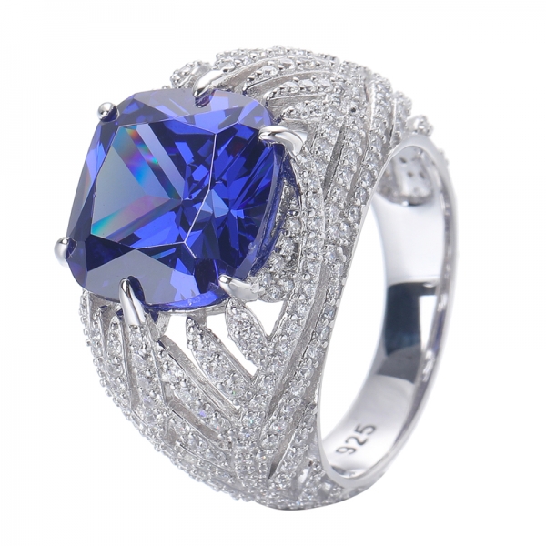 Fancy Cushion Tanzanite Cubic Zirconia Center Rhodium Over Sterling Silver Ring 