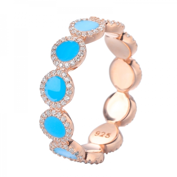 Round Light Blue Enamel With White Cubic Zirconia Rose Gold Over Sterling Silver Ring 