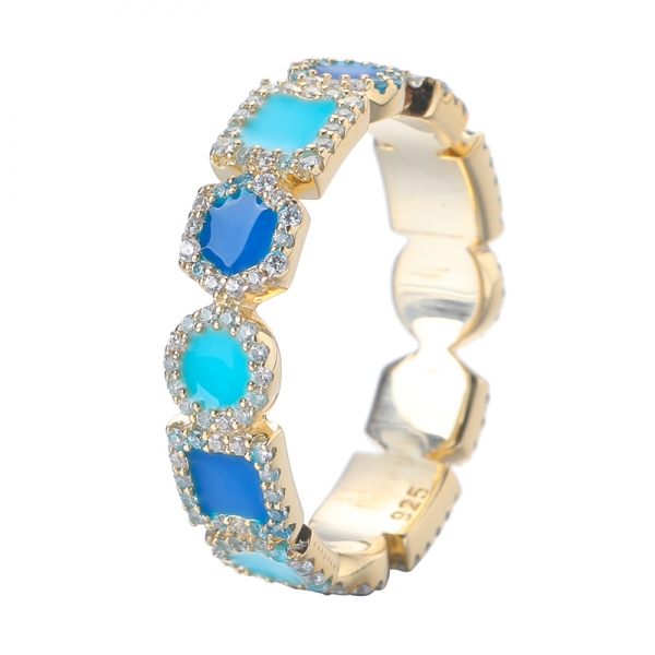 Blue Enamel With White Cubic Zirconia Yellow Gold Over Sterling Silver Ring 