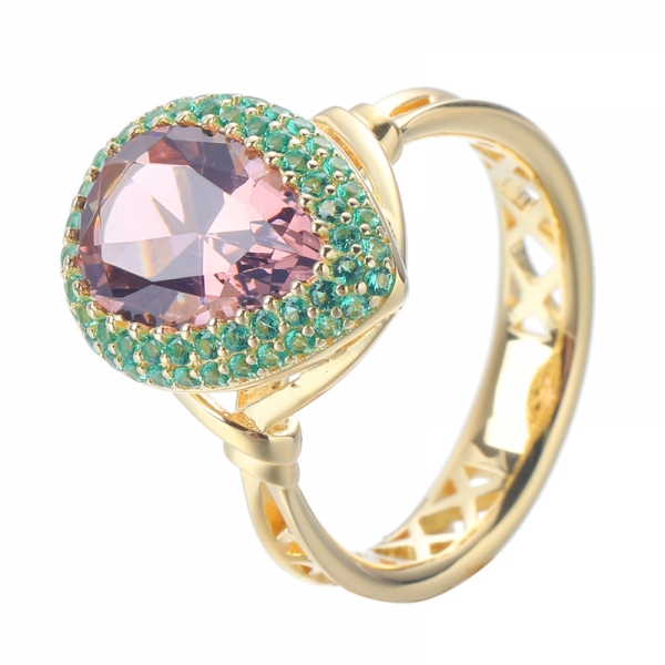 Pear Morganite Nano With Green Accent Yellow Gold Over Sterling Silver Ring 