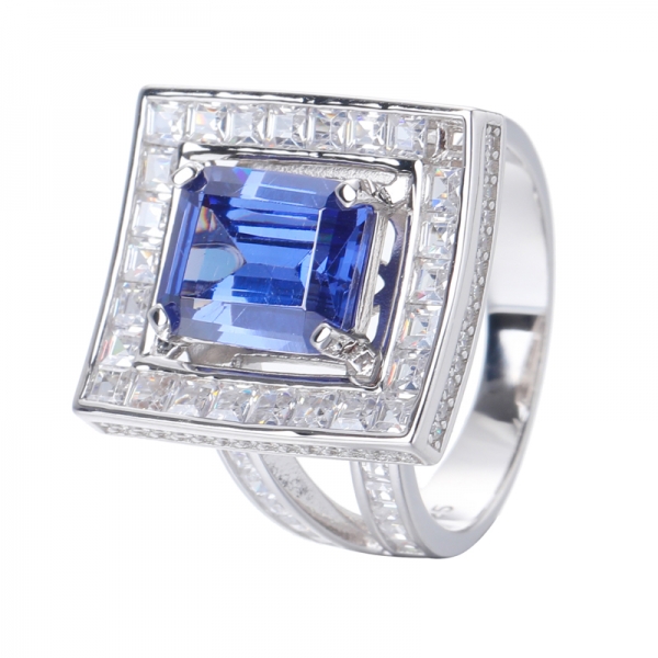 Emerald Cut Tanzanite CZ Center Rhodium Over Sterling Silver Ring 