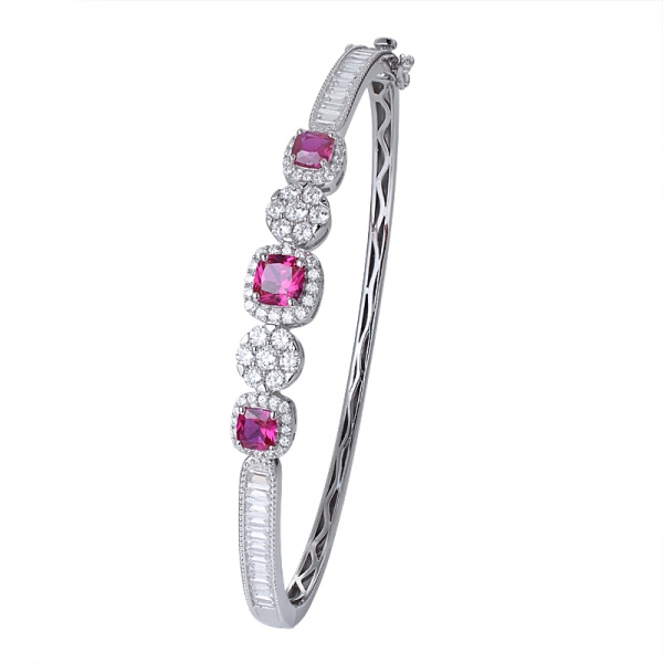 Cushion cut created ruby gemstone &baguette cut white cz rhodium over silver bangle 