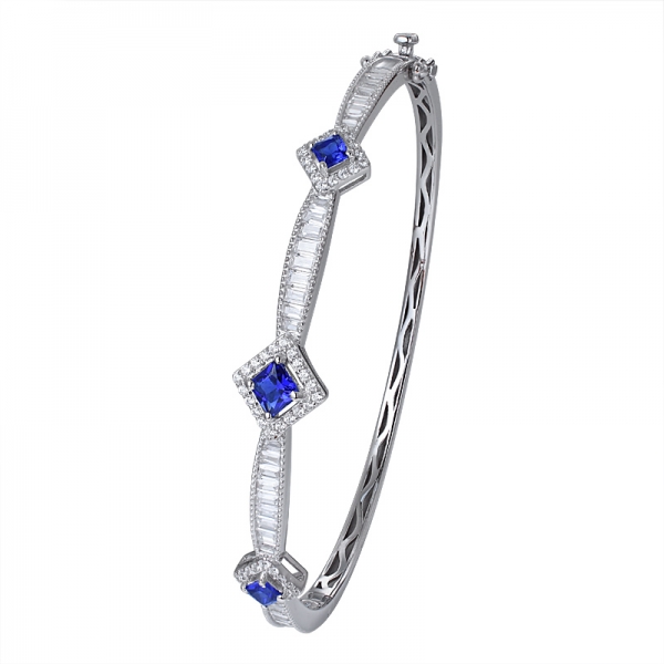 created blue sapphire &baguette cut white cz rhodium over silver bangle 