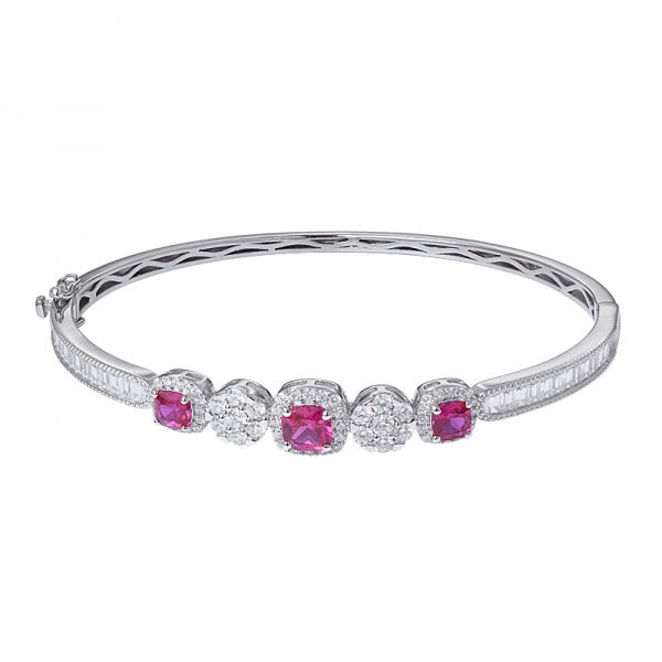 Cushion cut created ruby gemstone &baguette cut white cz rhodium over silver bangle 