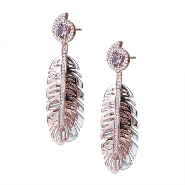 WHOLESALE rose GOLD 2 TONE PLATED Morganite LEAF DROP EARRING 