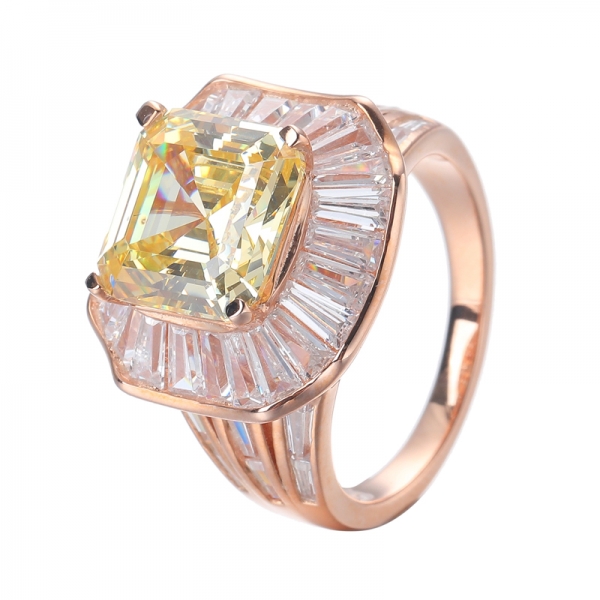Asscher Cut Canary Cubic Zircon Rose Gold Over Sterling Silver Ring 