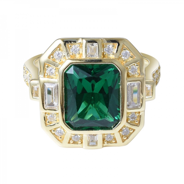 Created green emerald gold plated over sterling silver ring 