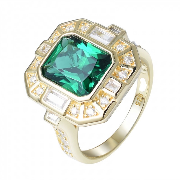Created green emerald gold plated over sterling silver ring 
