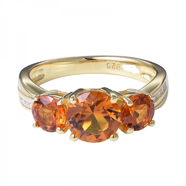 Orange cubic zircon 3- Stone Rhodium Over Sterling Silver Ring 1.25ctw 