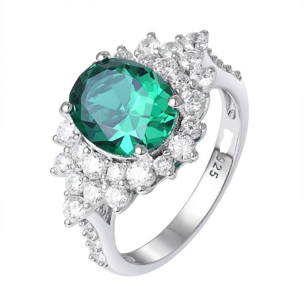 Lab Created Green Emerald Oval Cutting Rhodium Over Silver Ring 3.0ctw 