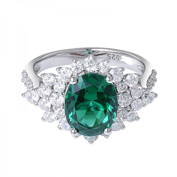 Lab Created Green Emerald Oval Cutting Rhodium Over Silver Ring 3.0ctw 