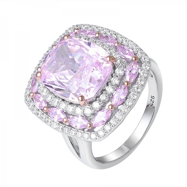 Cushion Cutting Pink Diamond Simulant Rhodium Over Silver halo Ring 