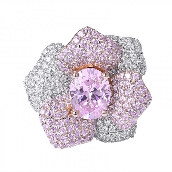 Lab Created Pink diamond 2ctw oval cut Rhodium Over Silver Rose flower Ring 