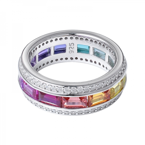 rainbow sapphire colorful baguette rhodium over silver eternity band ring 