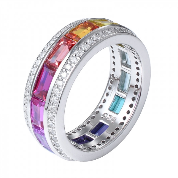 rainbow sapphire colorful baguette rhodium over silver eternity band ring 
