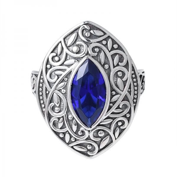 Marquises cuting Blue Sapphire Black Plated 925 Silver Jewelry Ring Supplier 