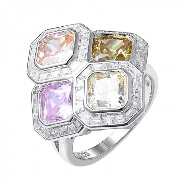 colorful Cubic Zirconia 18K white Gold Over Sterling Silver Asscher Cut ring 