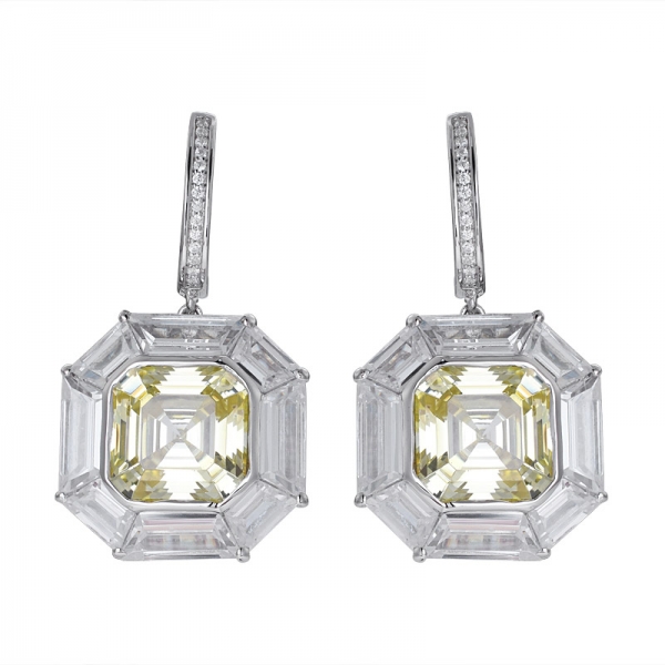 Asscher Cut simulate yellow diamond Rhodium Over Sterling Silver drop earring 
