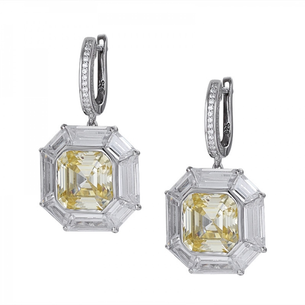 Asscher Cut simulate yellow diamond Rhodium Over Sterling Silver drop earring 