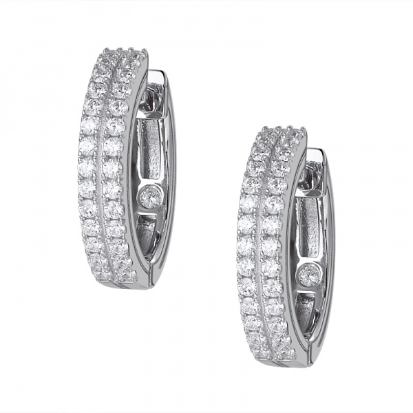 2 line White Cubic Zirconia Rhodium Over Sterling Silver hoop earring 