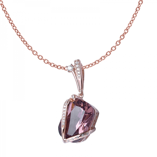 Dark Red & Fancy Morganite Color Zirconia 18K Rose Gold Over Silver Pendant 