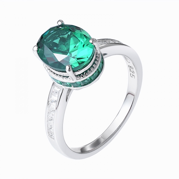 oval cutting created emerald rhodium over sterling silver ring 